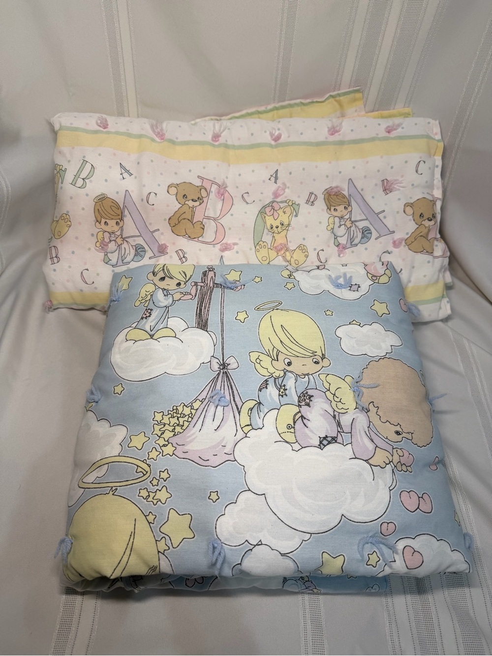 2 Vtg Handmade Precious Moments Baby Angel Quilt Blanket Blue & Pink 42 x 32"